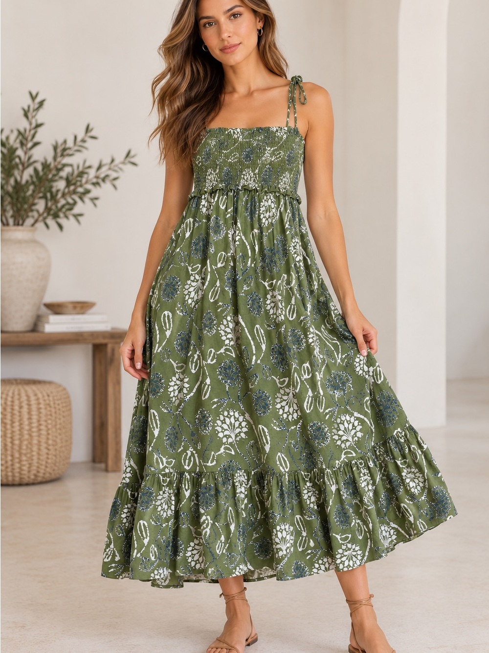 ZARA Olive Green Floral Smocked Tie-Strap Maxi Dress Size Small